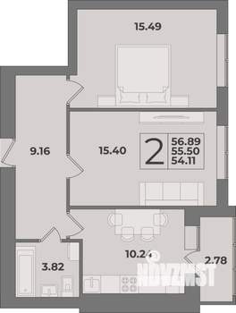2-к квартира, строящийся дом, 57м2, 6/9 этаж